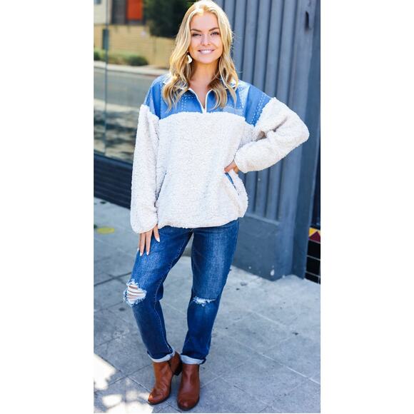 Haptics Good Vibes Denim & Ivory Patchwork Sherpa Half Zip pullover, size large - Picture 1 of 12